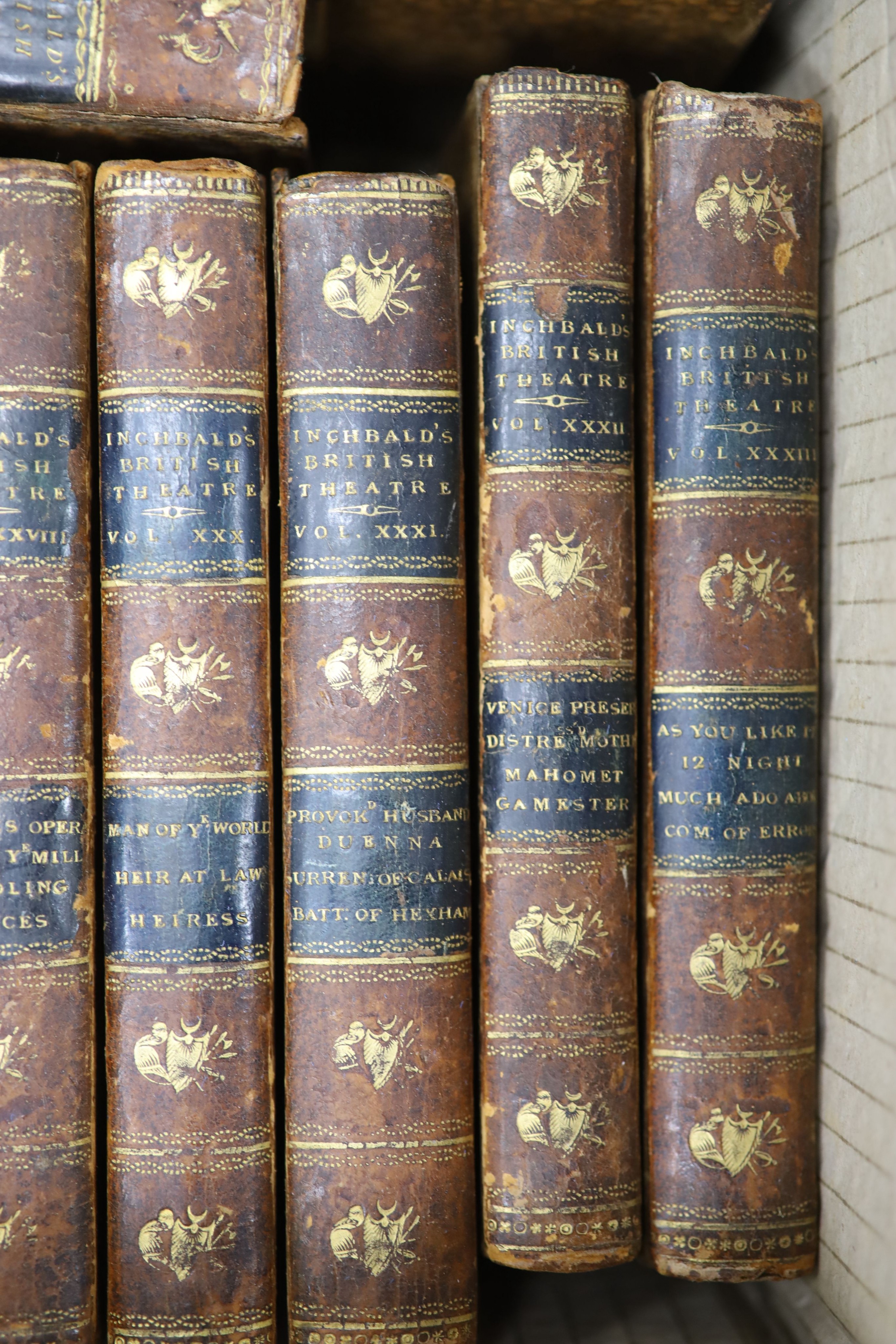 Inchbald, Mrs. Elizabeth [editor] - British Theatre as Performed at the Theatre Royal, Covent Garden. 28 vols compete with 118 engraved plates, many of which with guards. Gilt tooled speckled calf, spine gilt panelled wi